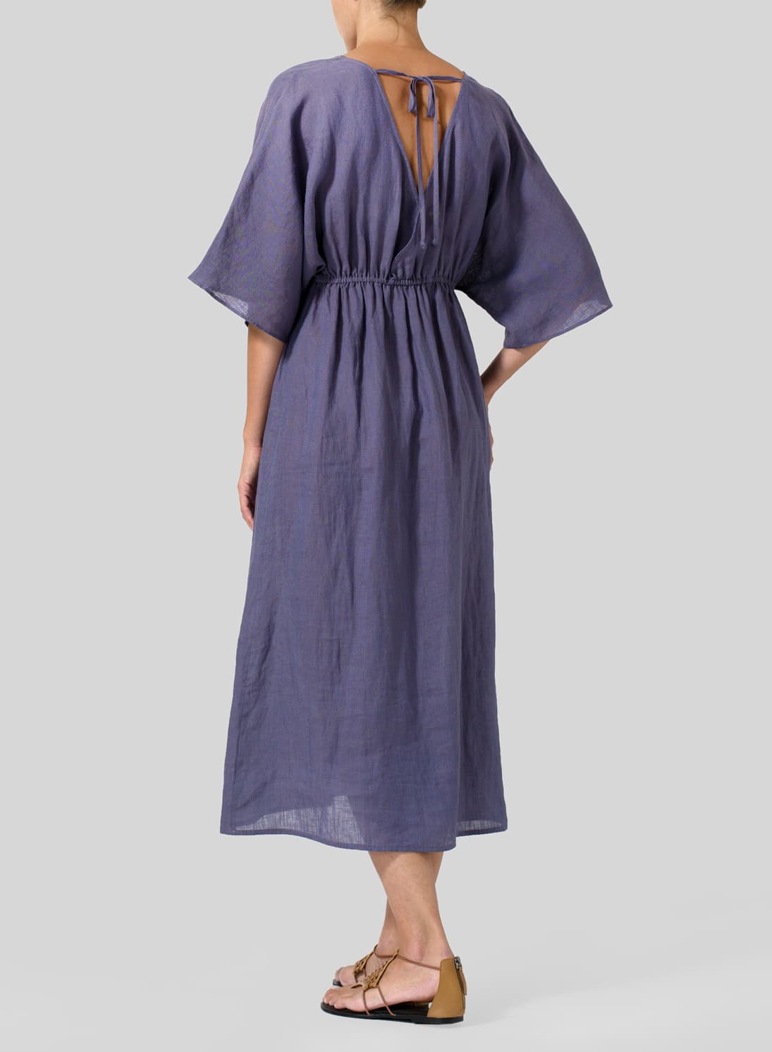 PURPLE LINEN V NECK DOLMAN SLEEVES DRESS