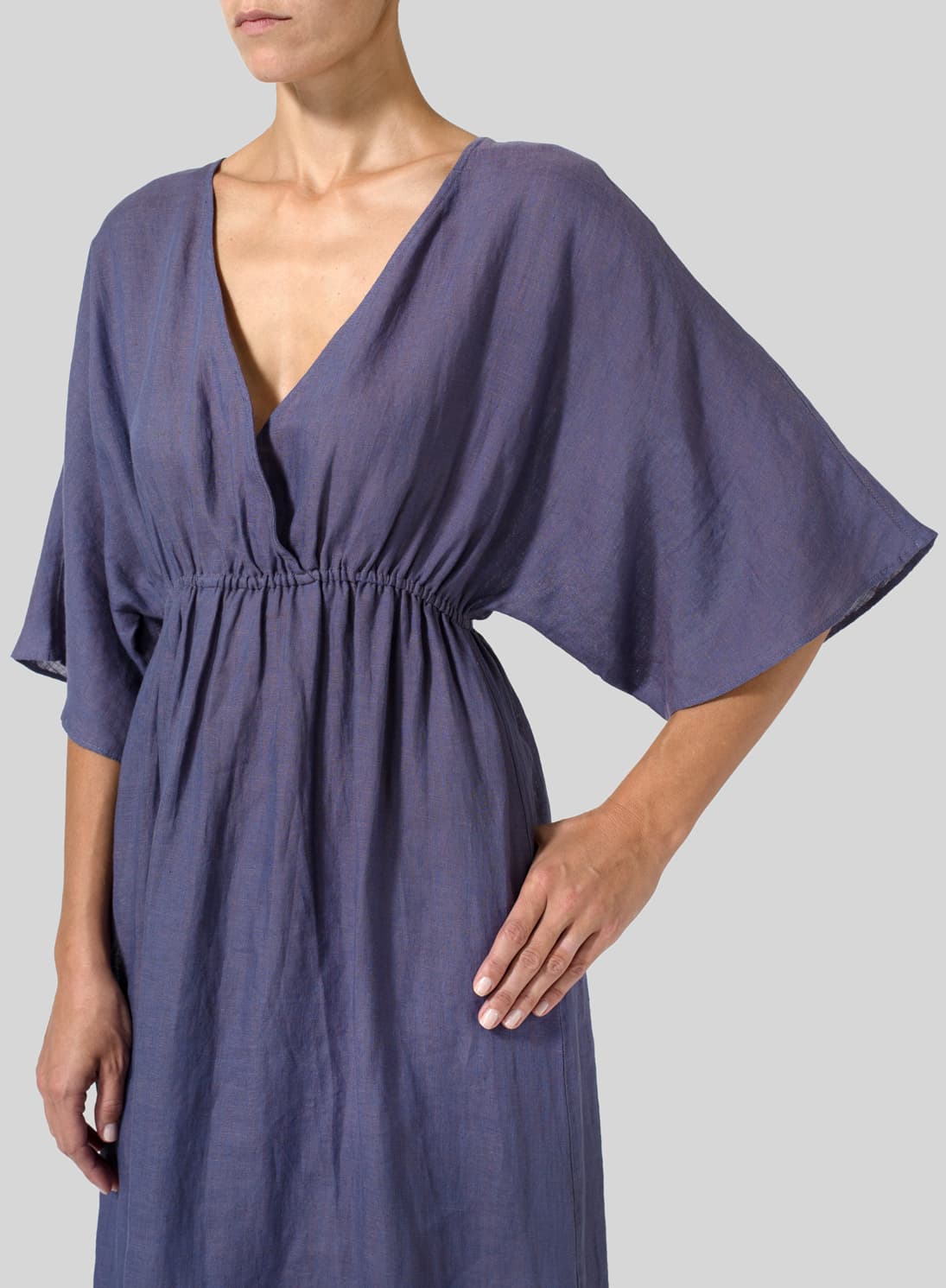 PURPLE LINEN V NECK DOLMAN SLEEVES DRESS