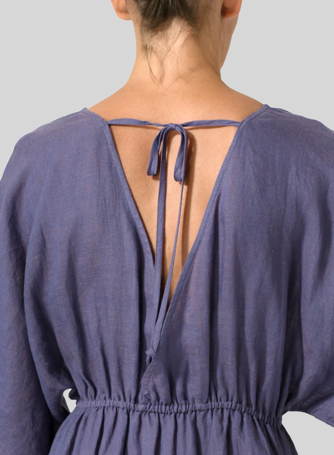 PURPLE LINEN V NECK DOLMAN SLEEVES DRESS