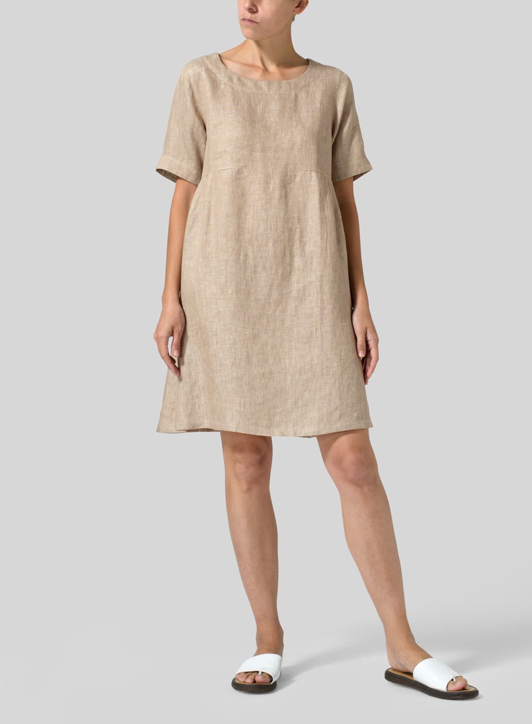 TWO TONE BEIGE LINEN BOAT NECK SHORT SLEEVE DRESS