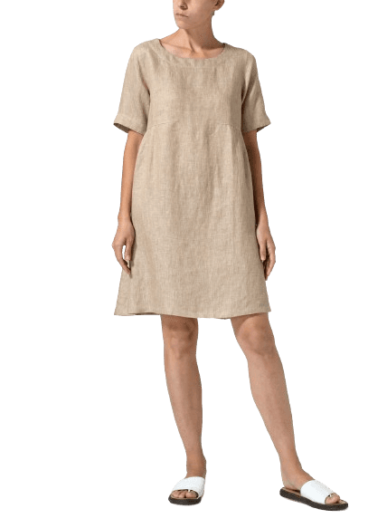 TWO TONE BEIGE LINEN BOAT NECK SHORT SLEEVE DRESS