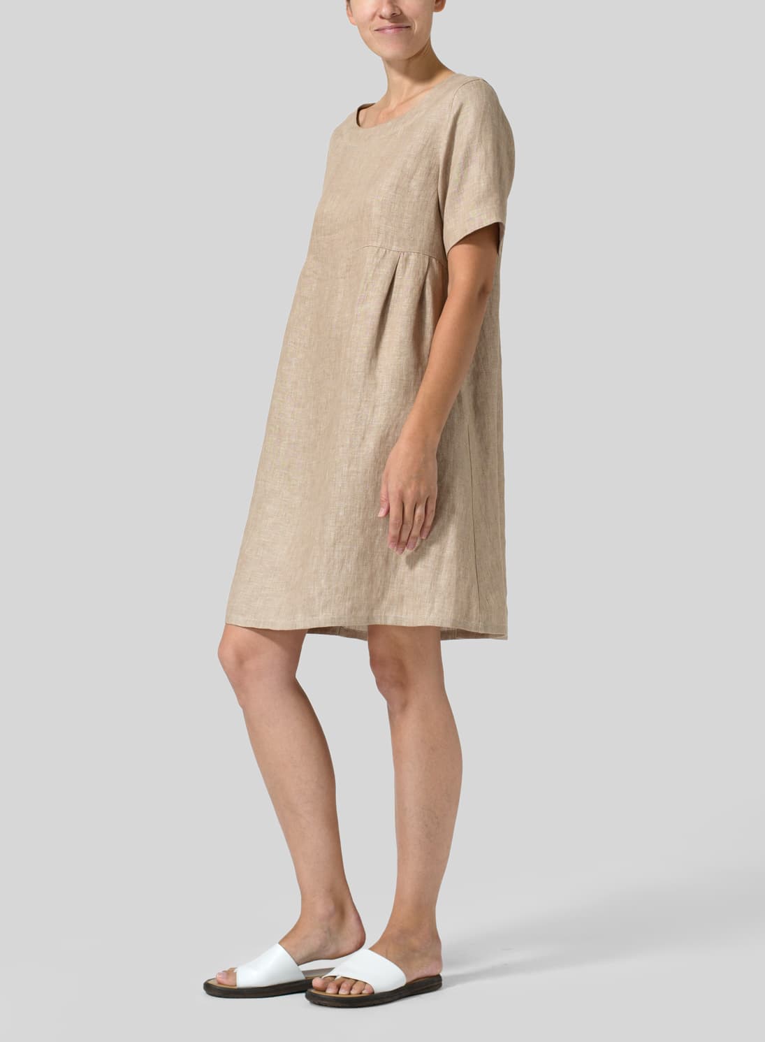 TWO TONE BEIGE LINEN BOAT NECK SHORT SLEEVE DRESS
