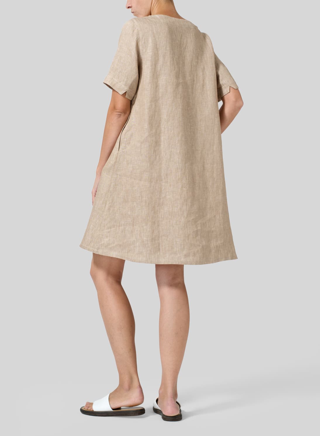 TWO TONE BEIGE LINEN BOAT NECK SHORT SLEEVE DRESS