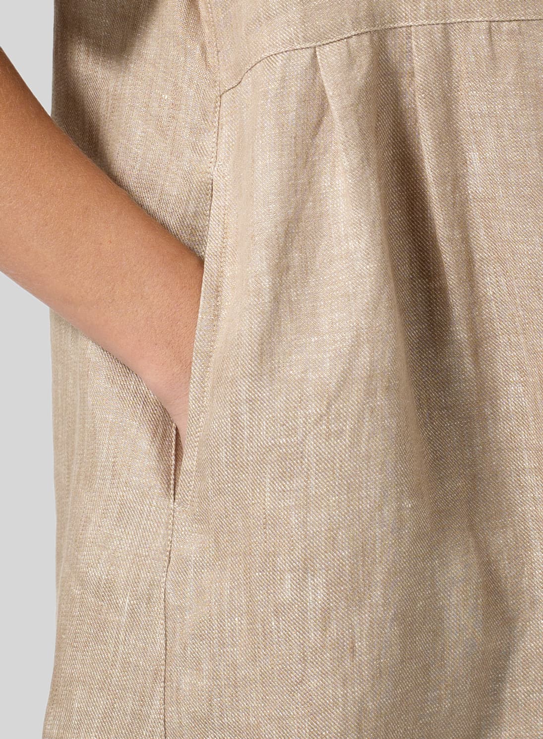 TWO TONE BEIGE LINEN BOAT NECK SHORT SLEEVE DRESS
