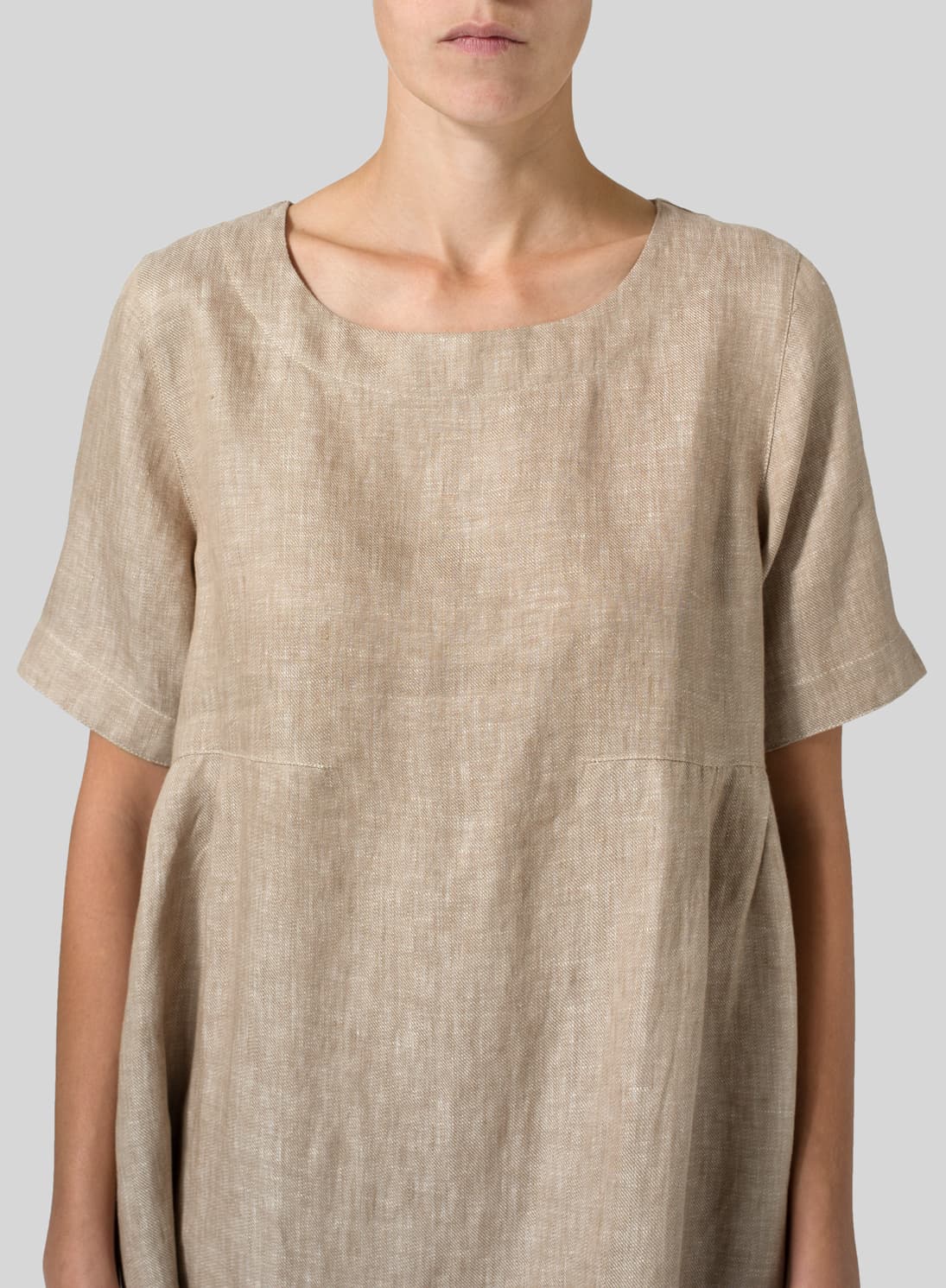 TWO TONE BEIGE LINEN BOAT NECK SHORT SLEEVE DRESS