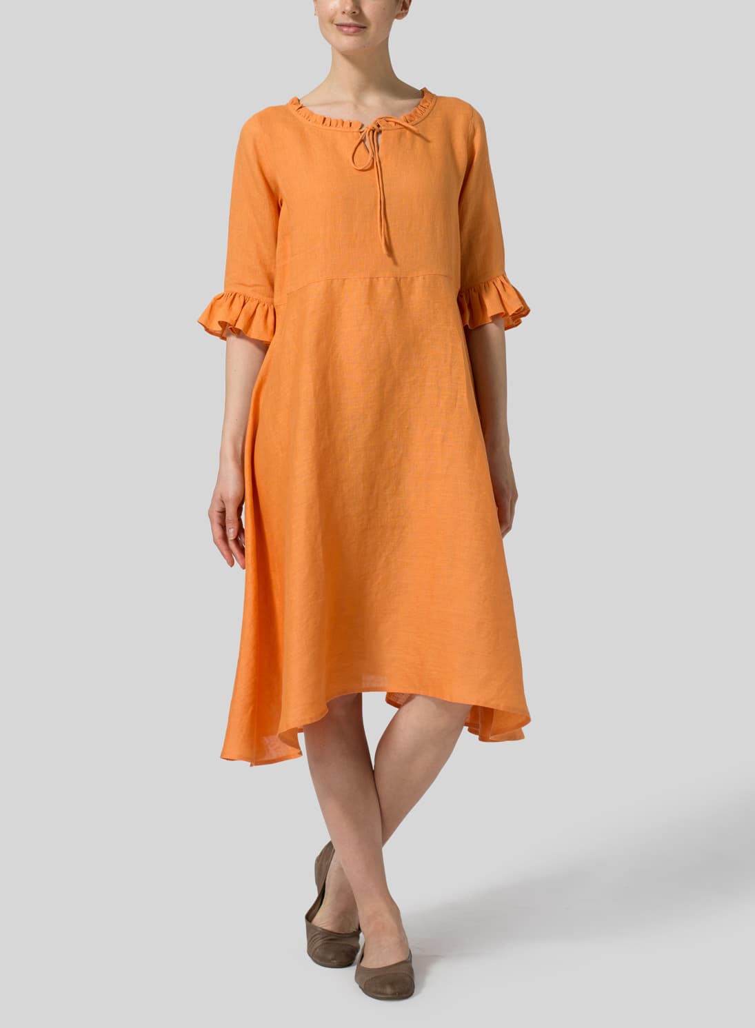 ORANGE LINEN RUFFLE SLEEVES LONG DRESS