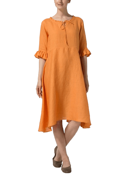 ORANGE LINEN RUFFLE SLEEVES LONG DRESS