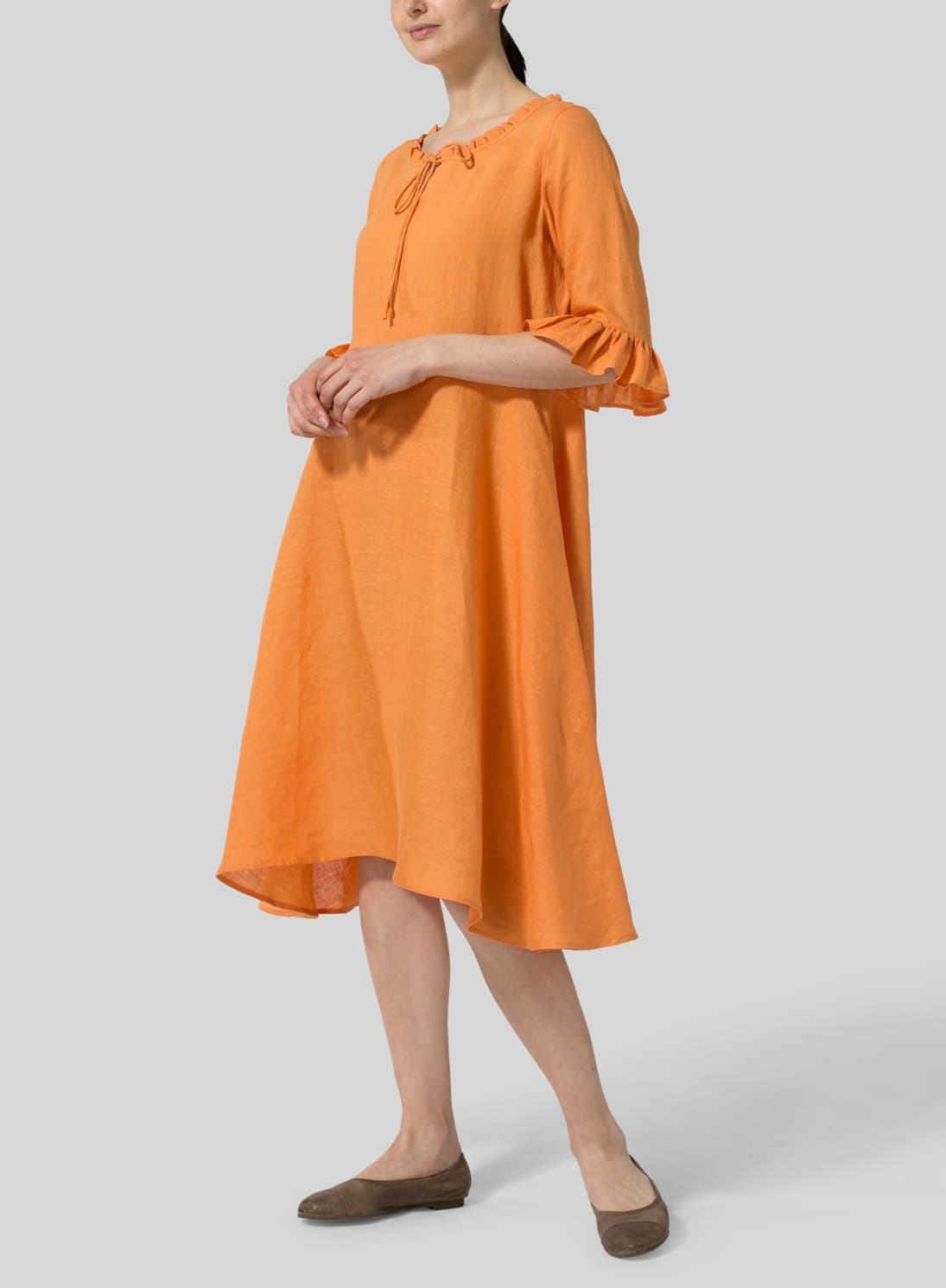ORANGE LINEN RUFFLE SLEEVES LONG DRESS