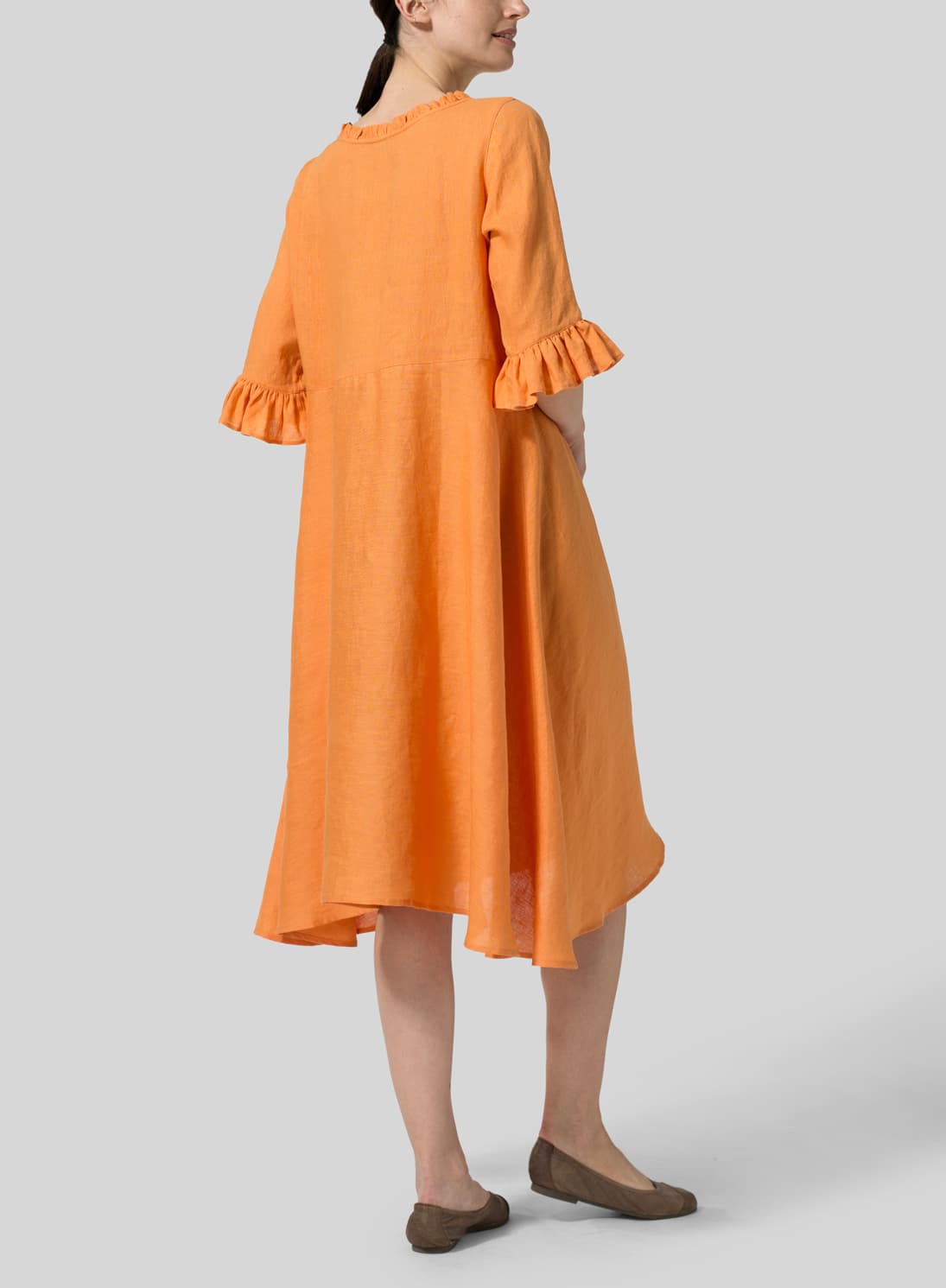 ORANGE LINEN RUFFLE SLEEVES LONG DRESS