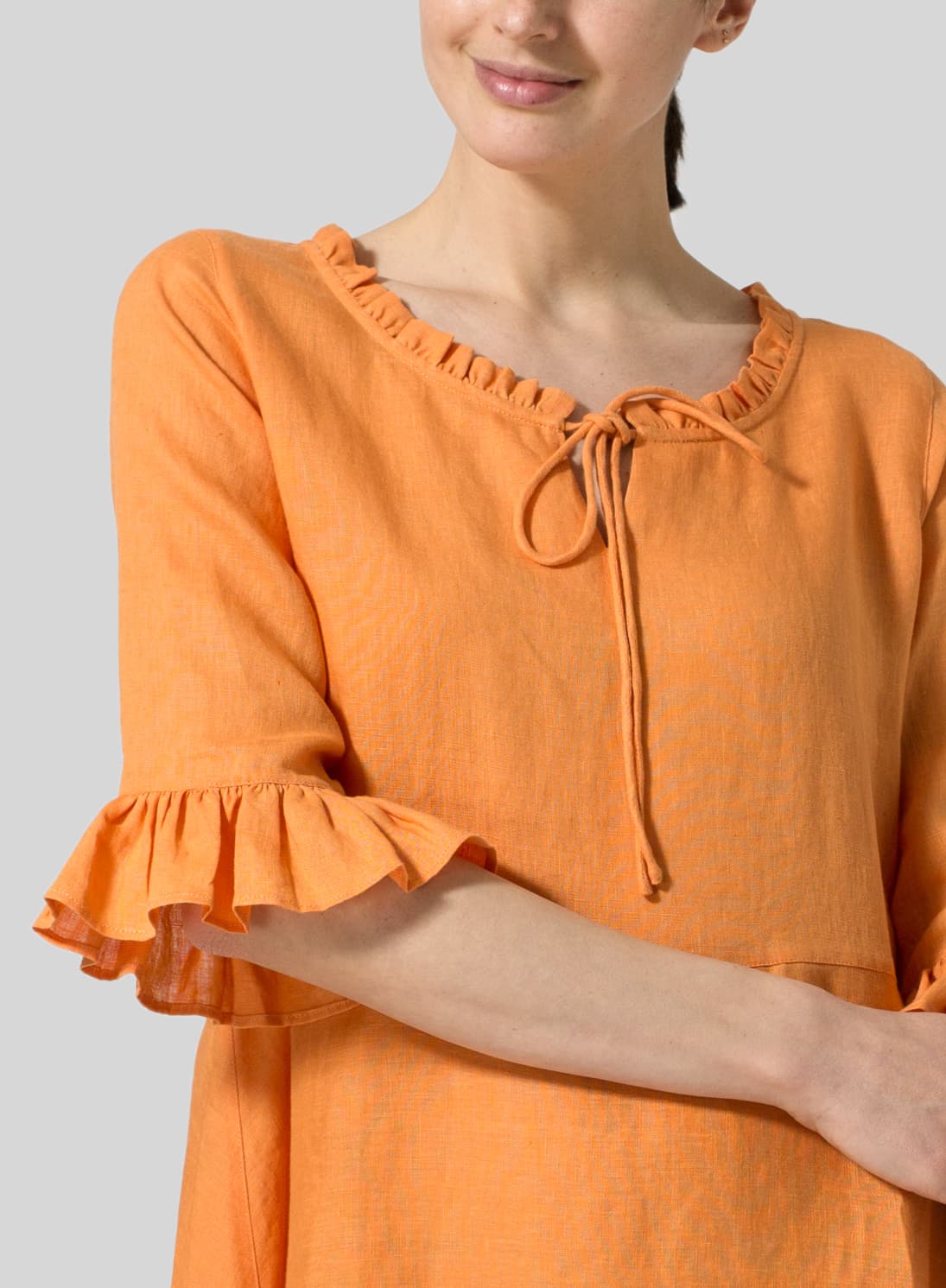 ORANGE LINEN RUFFLE SLEEVES LONG DRESS