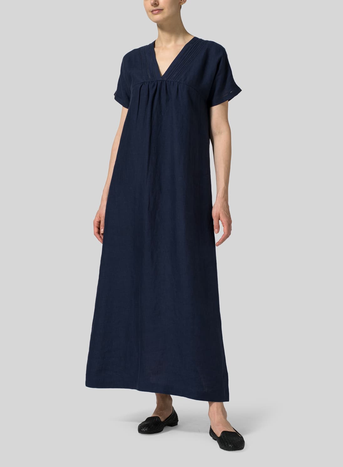 NAVY LINEN DEEP V NECK LONG DRESS
