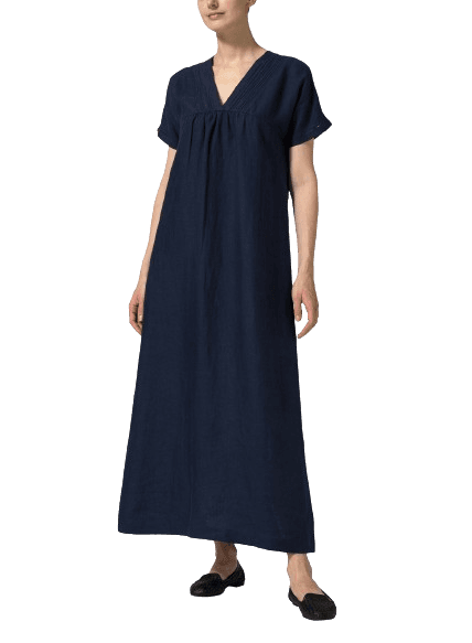 NAVY LINEN DEEP V NECK LONG DRESS