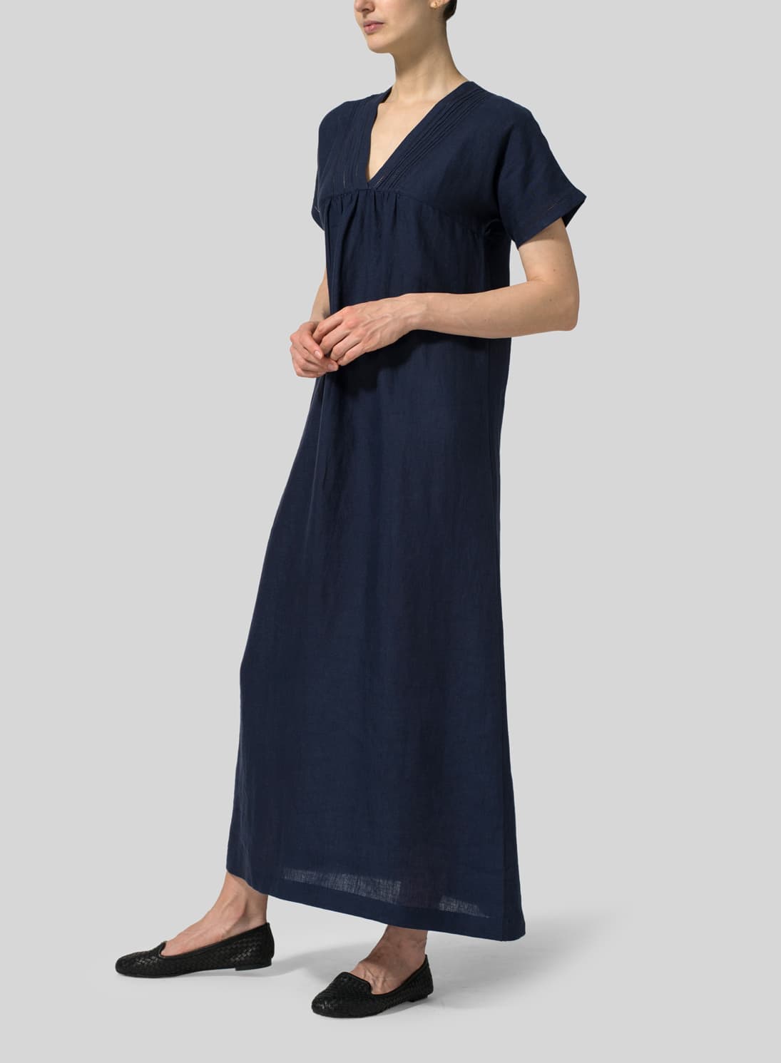 NAVY LINEN DEEP V NECK LONG DRESS