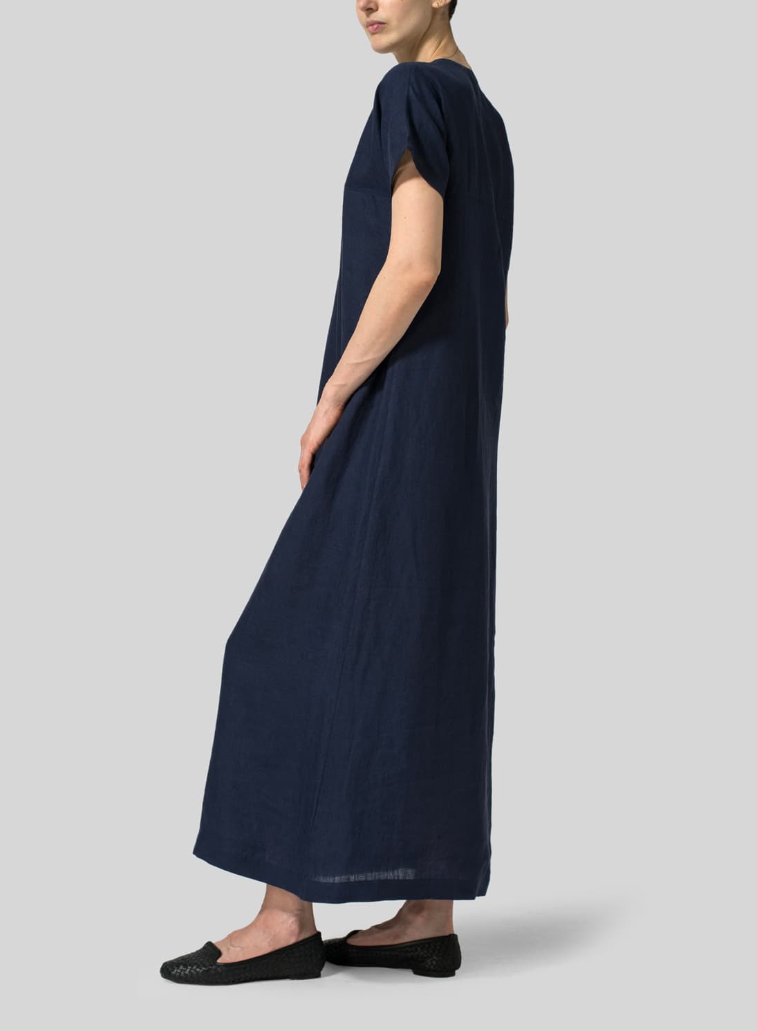 NAVY LINEN DEEP V NECK LONG DRESS