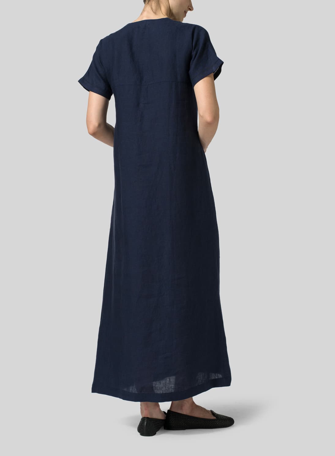 NAVY LINEN DEEP V NECK LONG DRESS