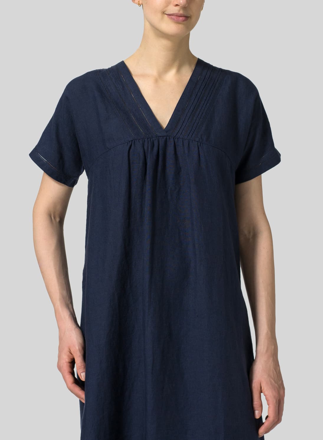 NAVY LINEN DEEP V NECK LONG DRESS