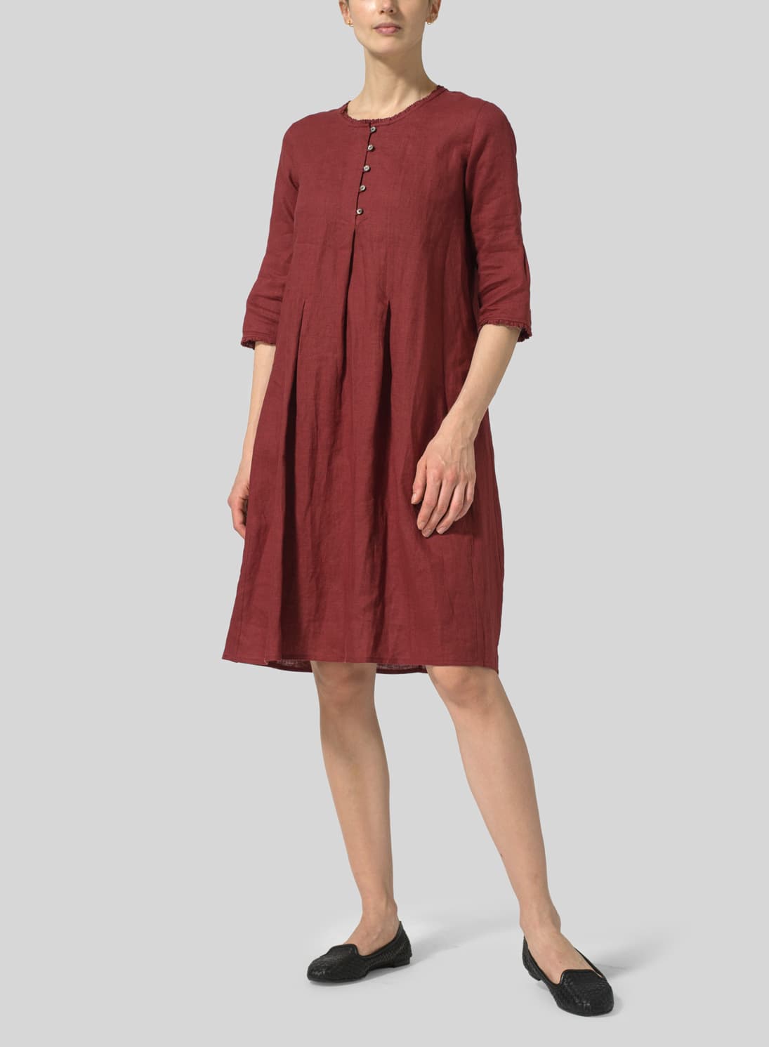 BURGANDY LINEN EMBROIDERED HEMLINE DRESS