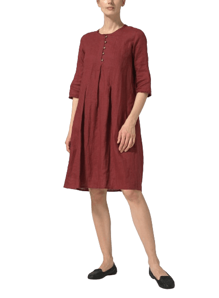BURGANDY LINEN EMBROIDERED HEMLINE DRESS