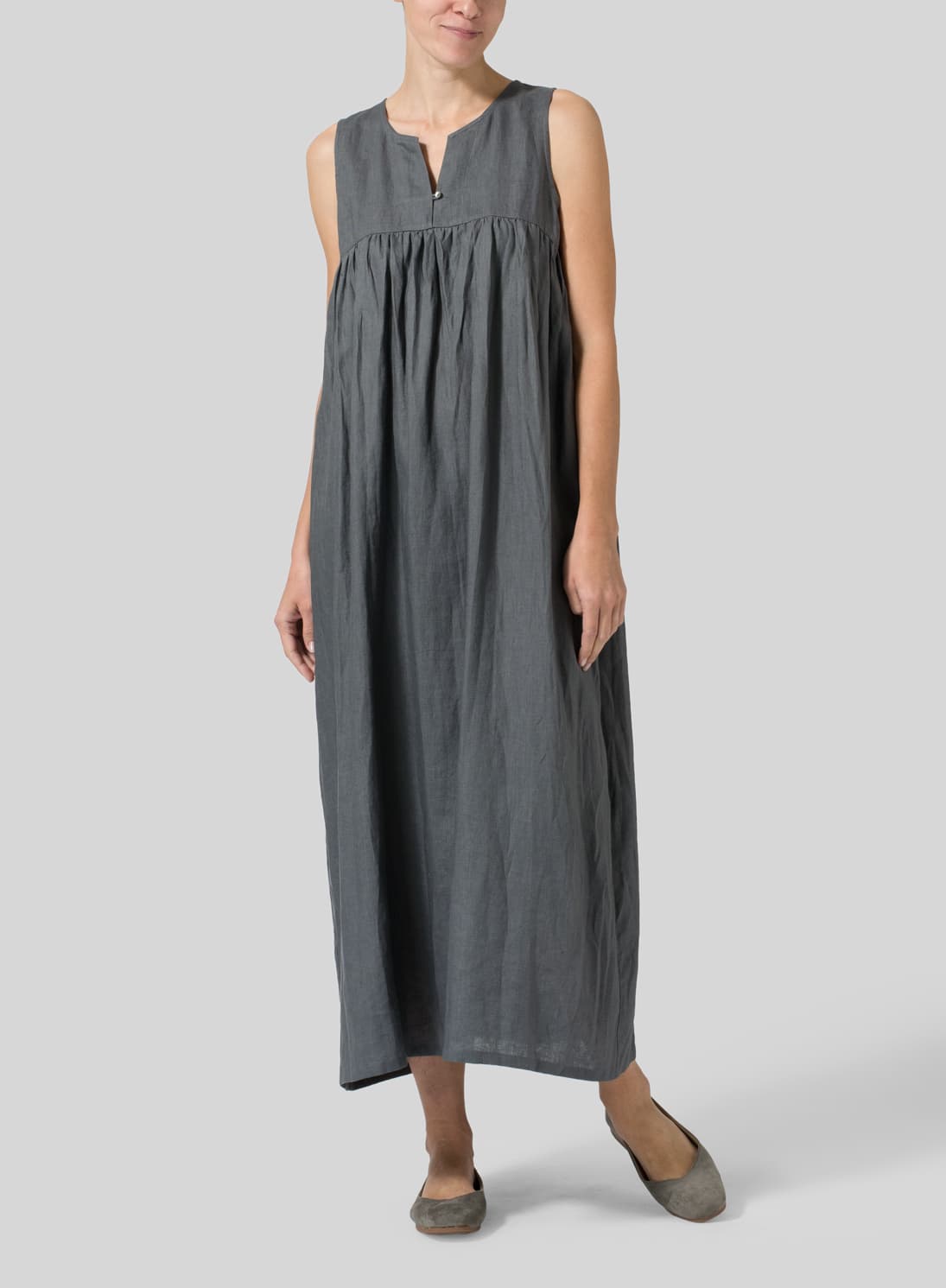 DARK GREY LINEN SLEEVELESS PLEATED MAXI DRESS
