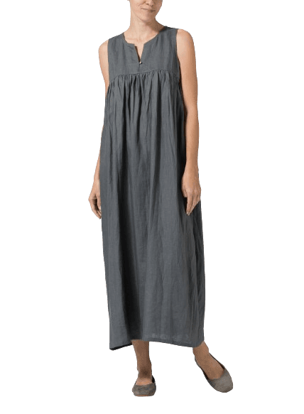 DARK GREY LINEN SLEEVELESS PLEATED MAXI DRESS