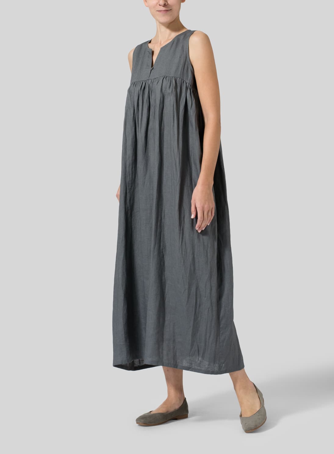 DARK GREY LINEN SLEEVELESS PLEATED MAXI DRESS