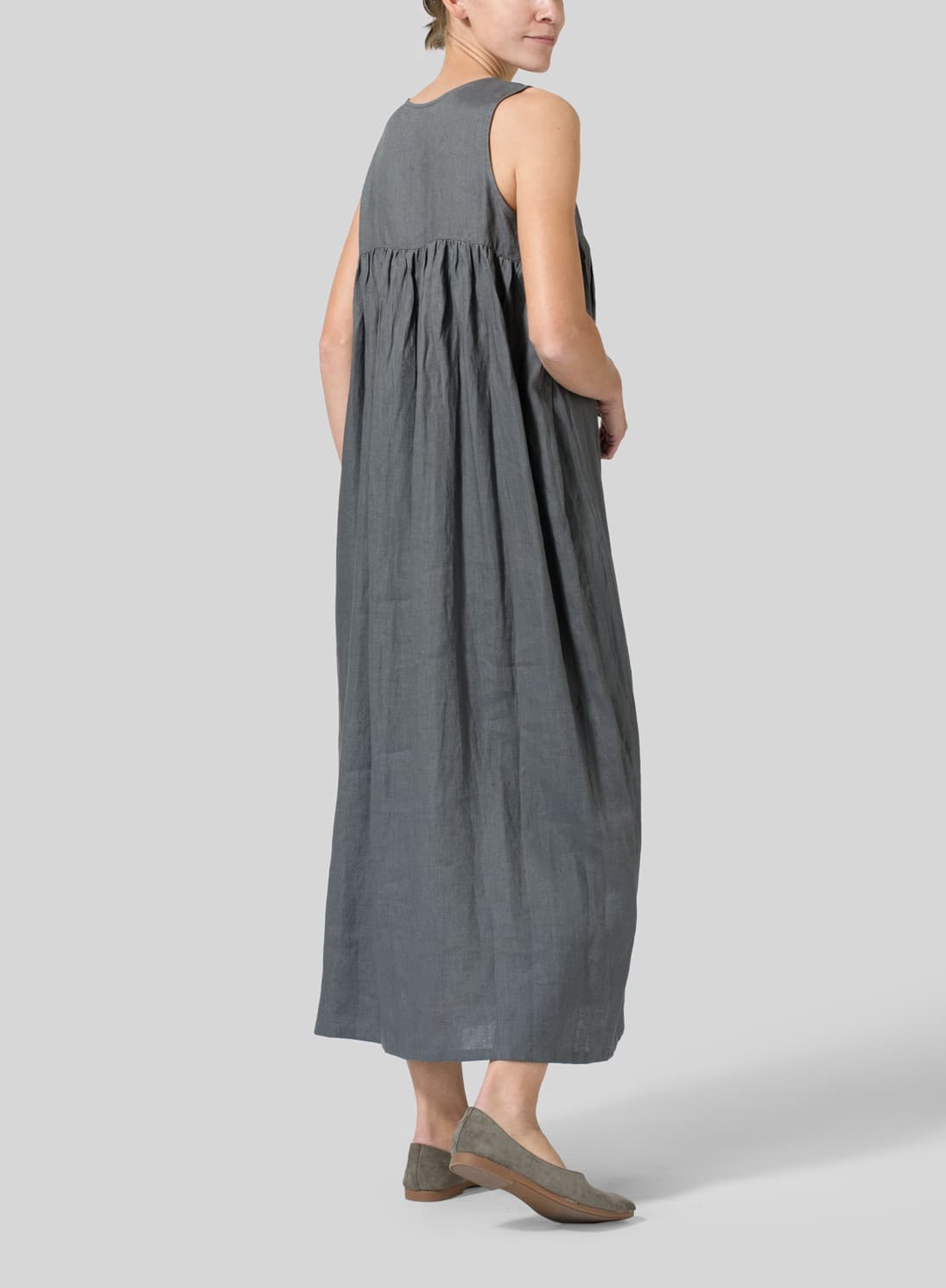 DARK GREY LINEN SLEEVELESS PLEATED MAXI DRESS