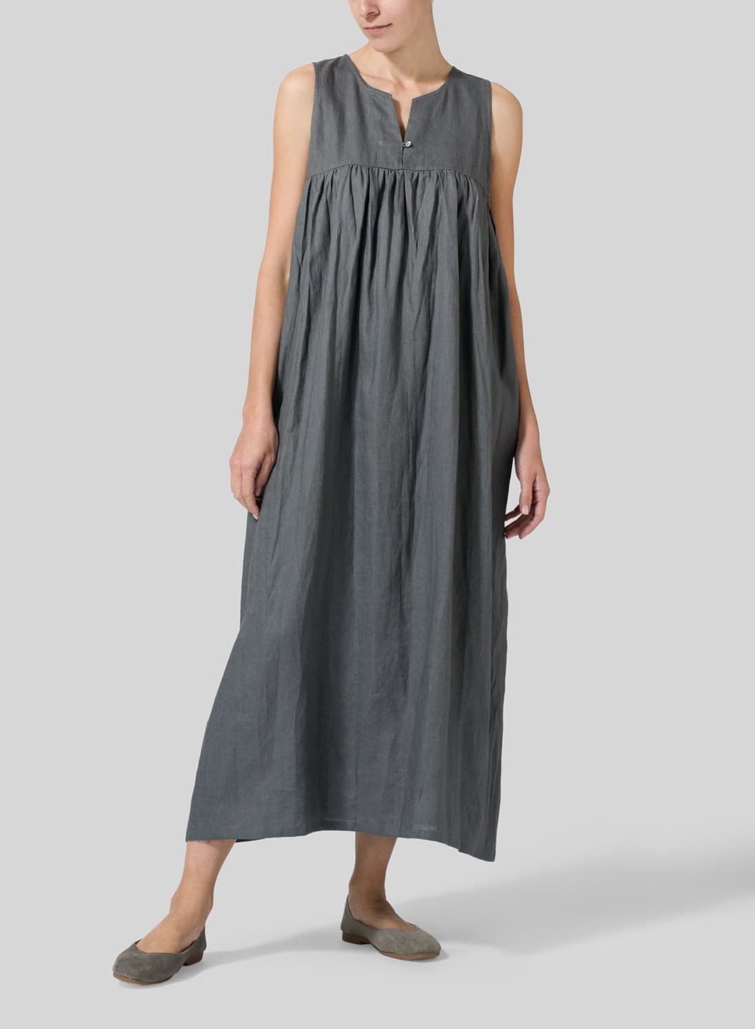 DARK GREY LINEN SLEEVELESS PLEATED MAXI DRESS