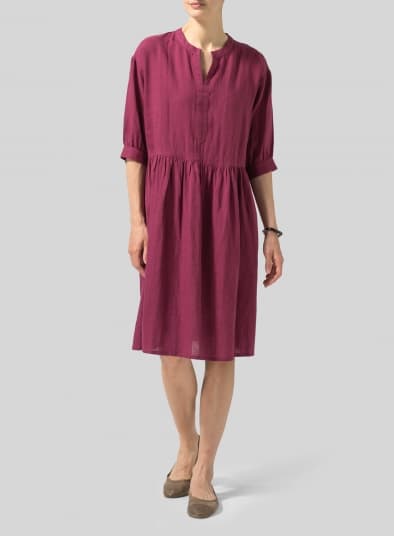 RED VIOLET LINEN SPLIT V NECK DRESS