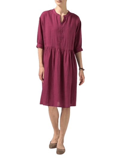 RED VIOLET LINEN SPLIT V NECK DRESS