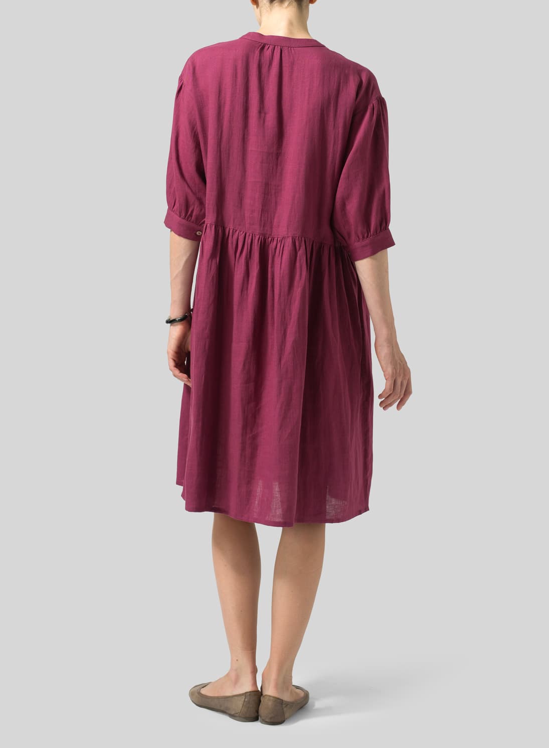 RED VIOLET LINEN SPLIT V NECK DRESS