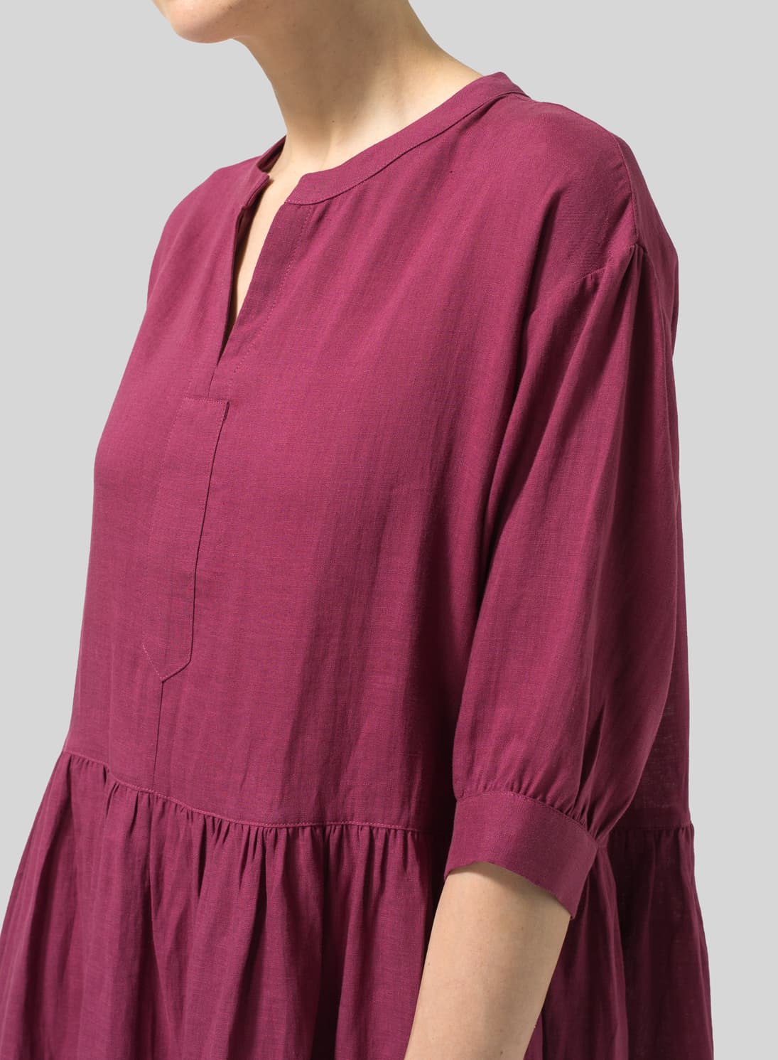 RED VIOLET LINEN SPLIT V NECK DRESS