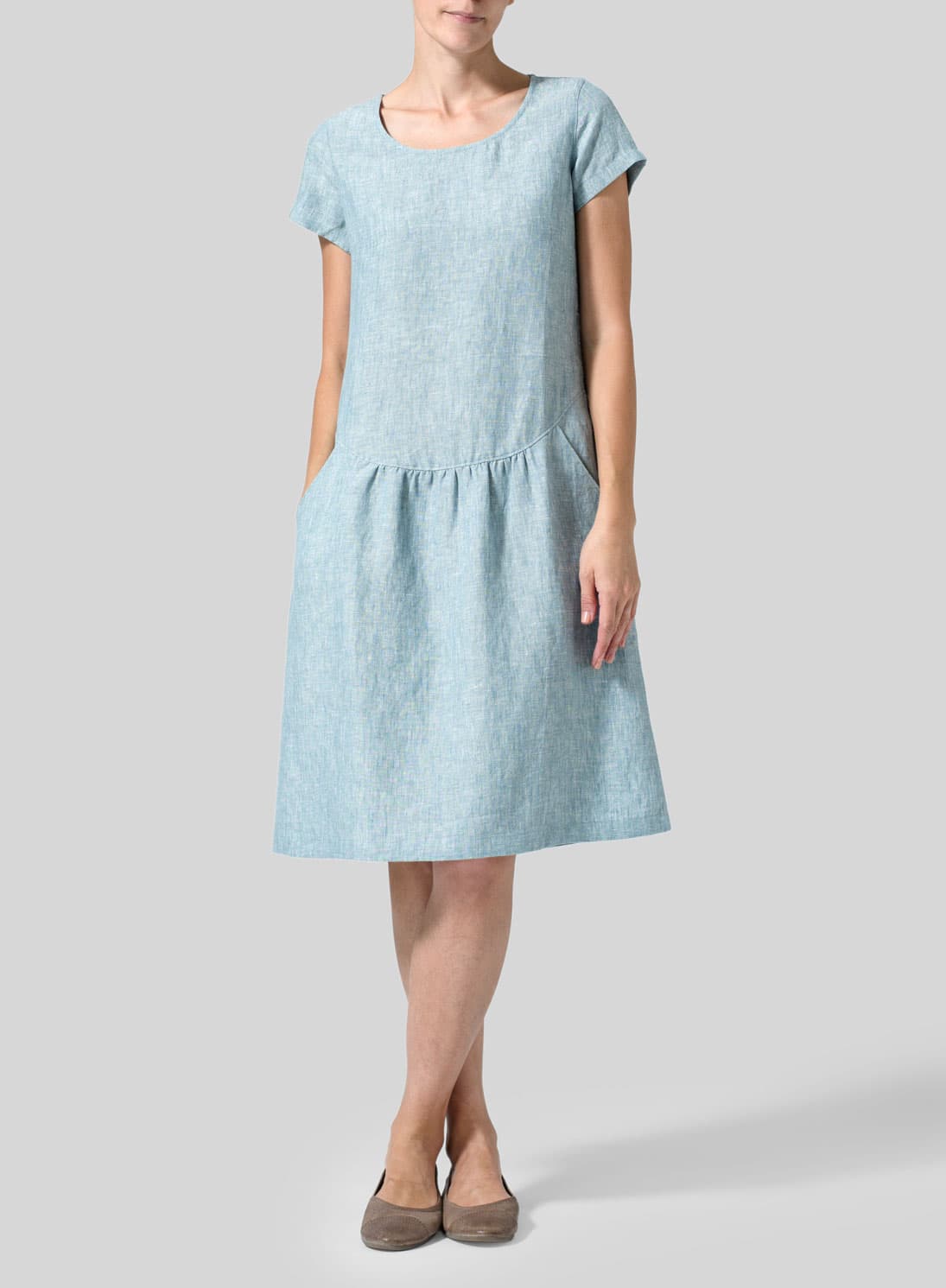 TWO TONE LIGHT GREEN LINEN HALF-SLEEVE MONK DRESS