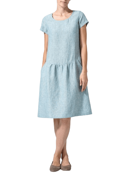 TWO TONE LIGHT GREEN LINEN HALF-SLEEVE MONK DRESS