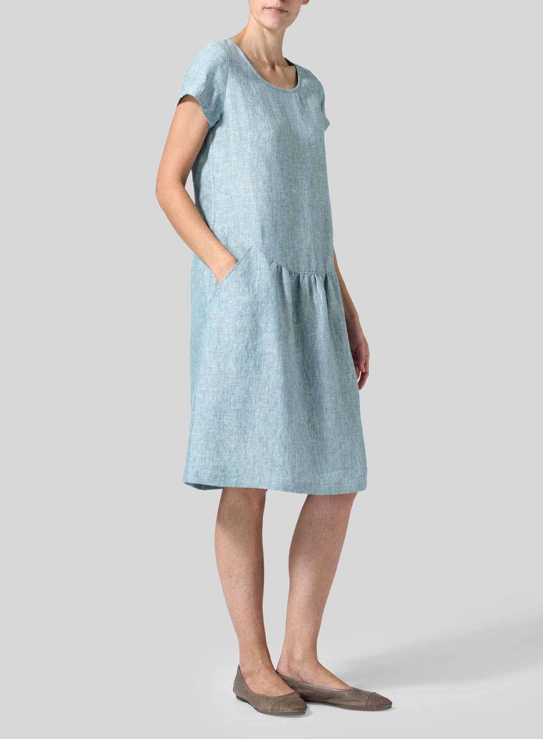 TWO TONE LIGHT GREEN LINEN HALF-SLEEVE MONK DRESS