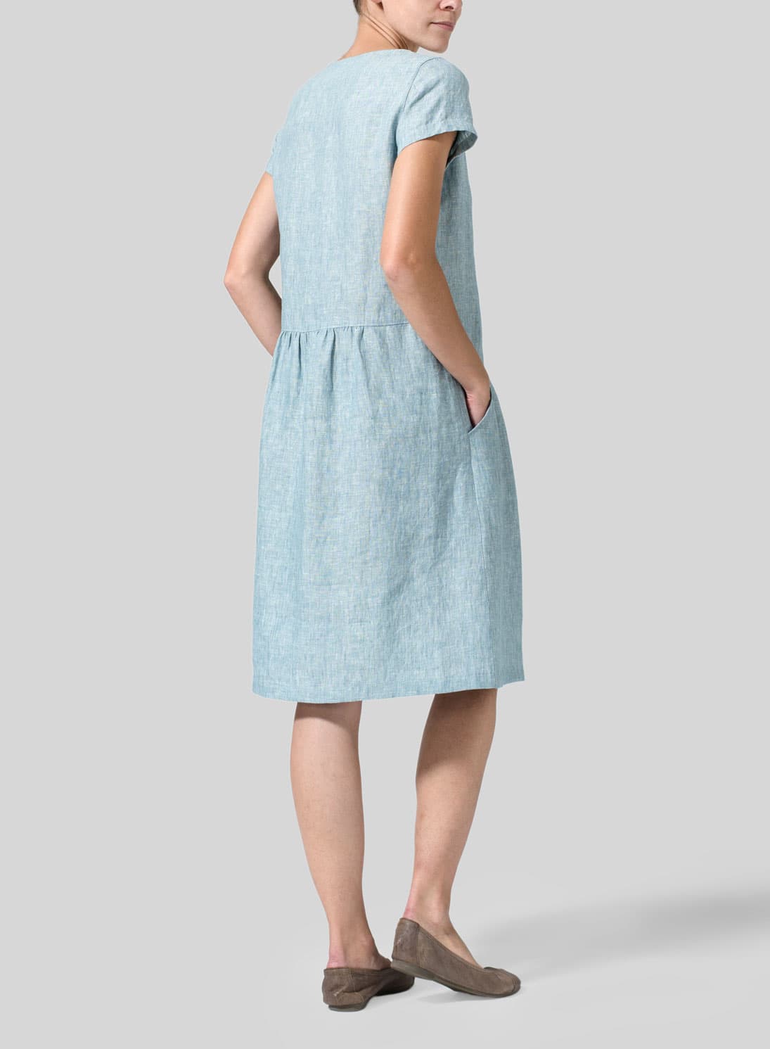 TWO TONE LIGHT GREEN LINEN HALF-SLEEVE MONK DRESS