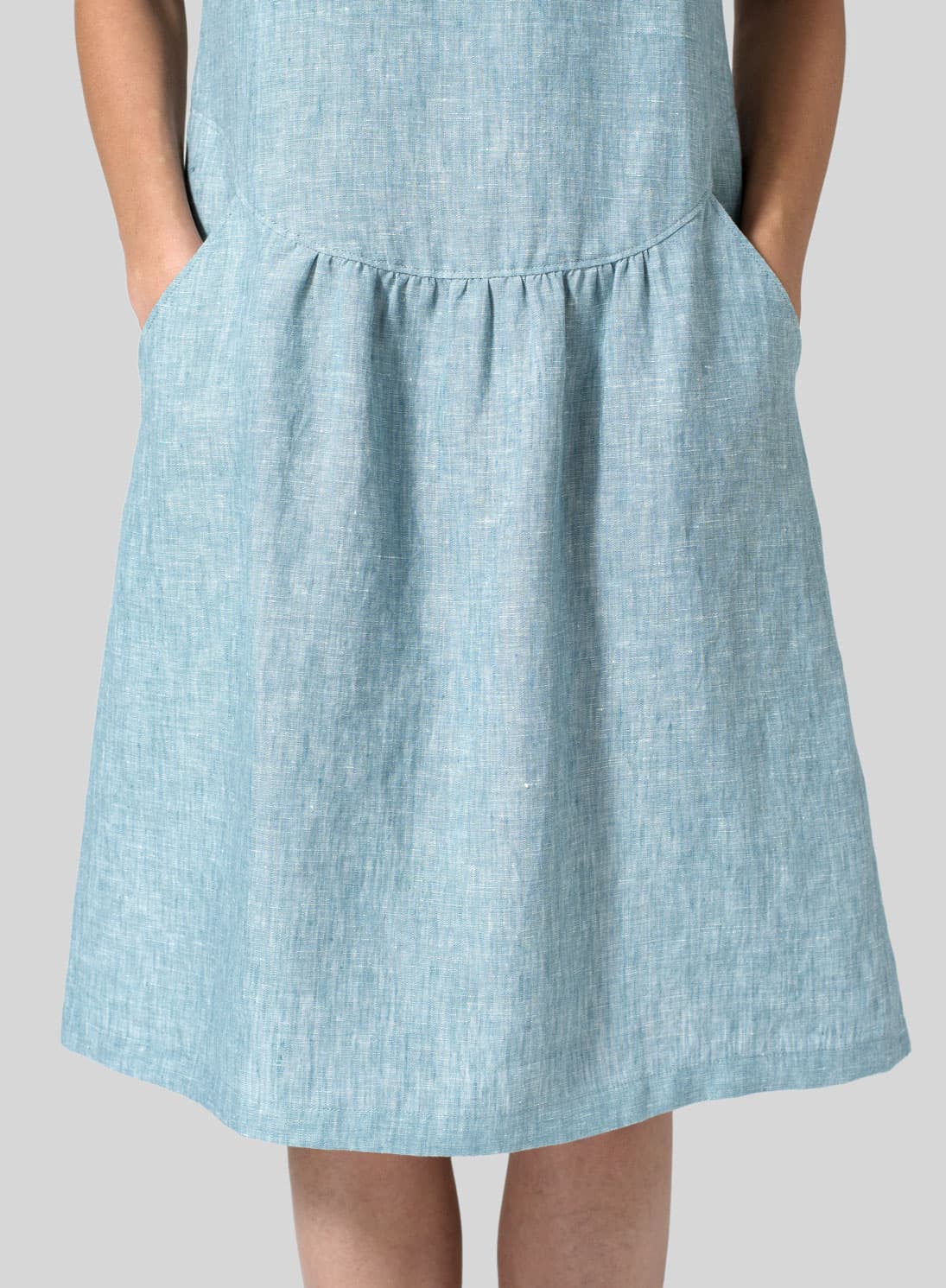 TWO TONE LIGHT GREEN LINEN HALF-SLEEVE MONK DRESS