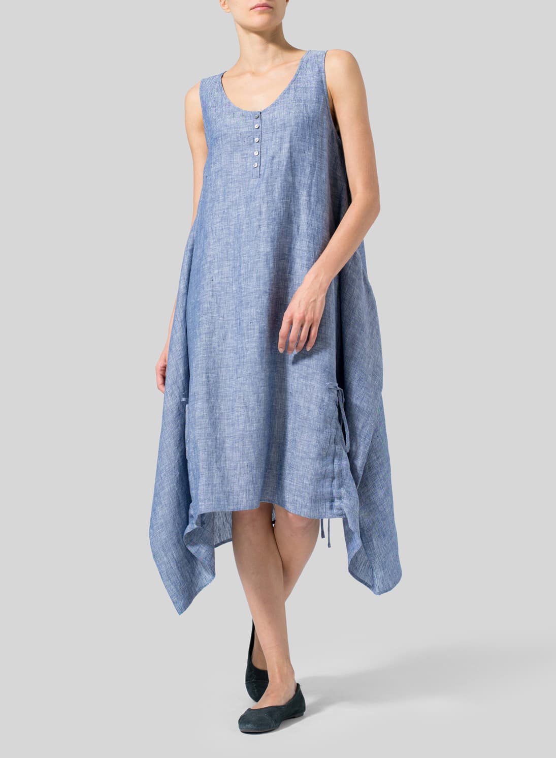 BLUE LINEN LINING A SHAPE MIDI DRESS