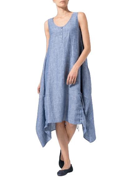 BLUE LINEN LINING A SHAPE MIDI DRESS