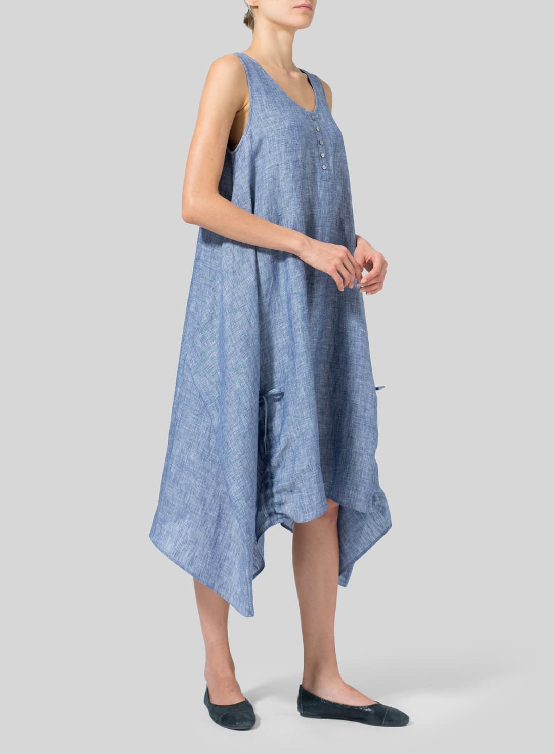 BLUE LINEN LINING A SHAPE MIDI DRESS
