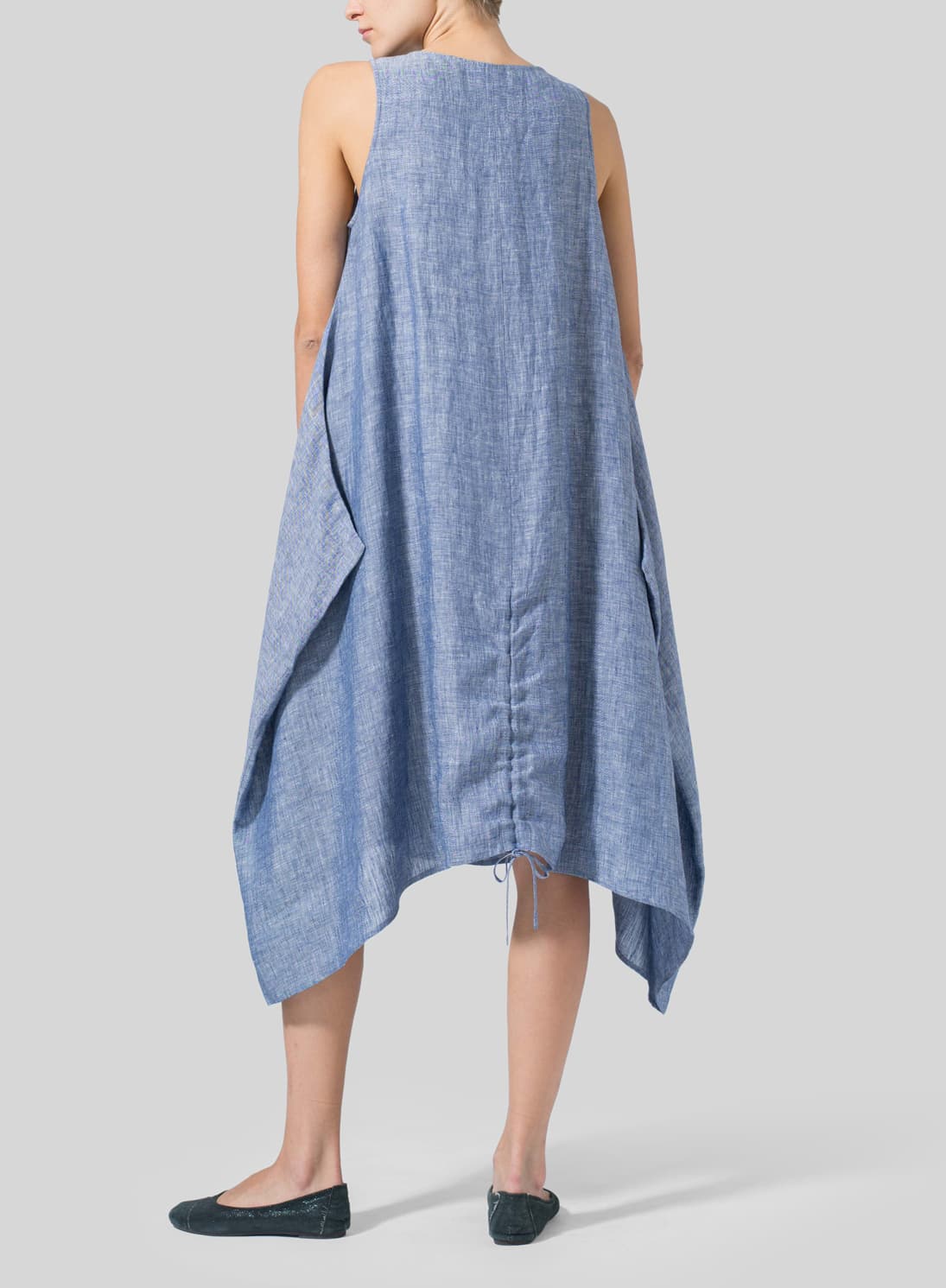 BLUE LINEN LINING A SHAPE MIDI DRESS