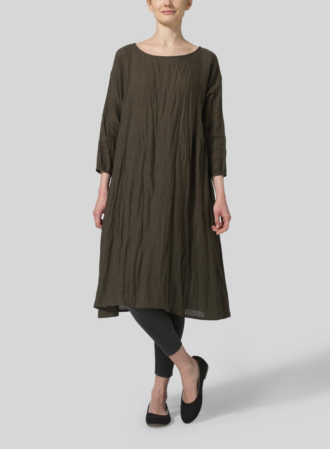 DARK OLIVE BROWN LINEN A LINE ROUND NECK DRESS