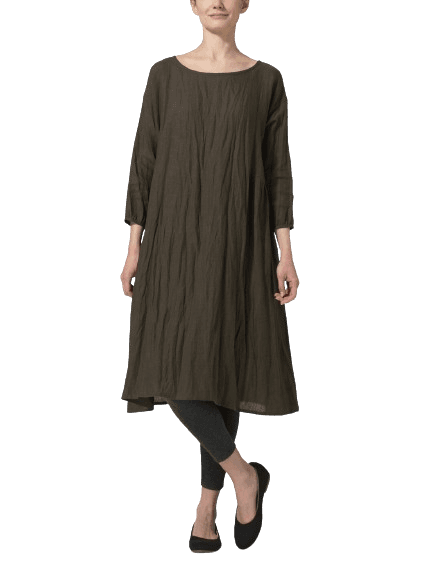 DARK OLIVE BROWN LINEN A LINE ROUND NECK DRESS