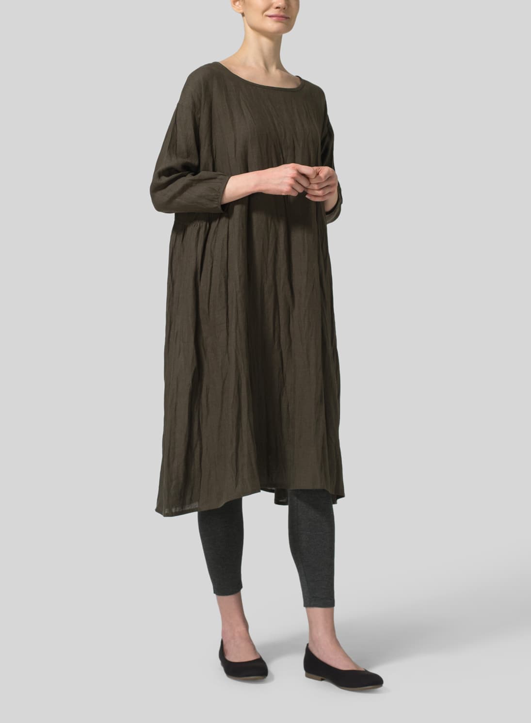DARK OLIVE BROWN LINEN A LINE ROUND NECK DRESS