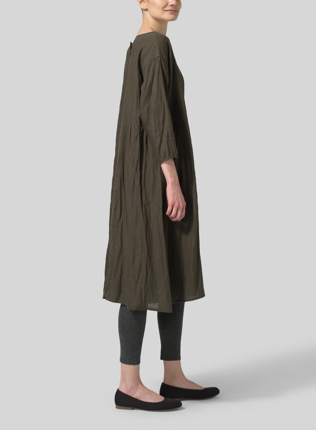DARK OLIVE BROWN LINEN A LINE ROUND NECK DRESS