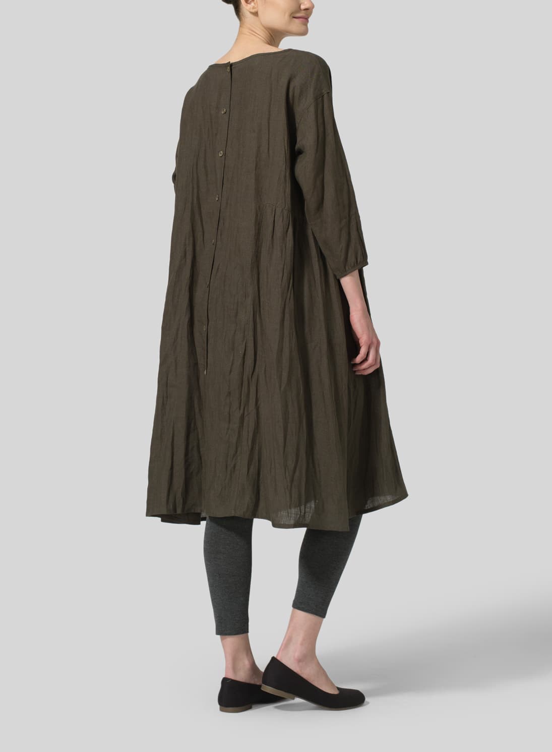 DARK OLIVE BROWN LINEN A LINE ROUND NECK DRESS