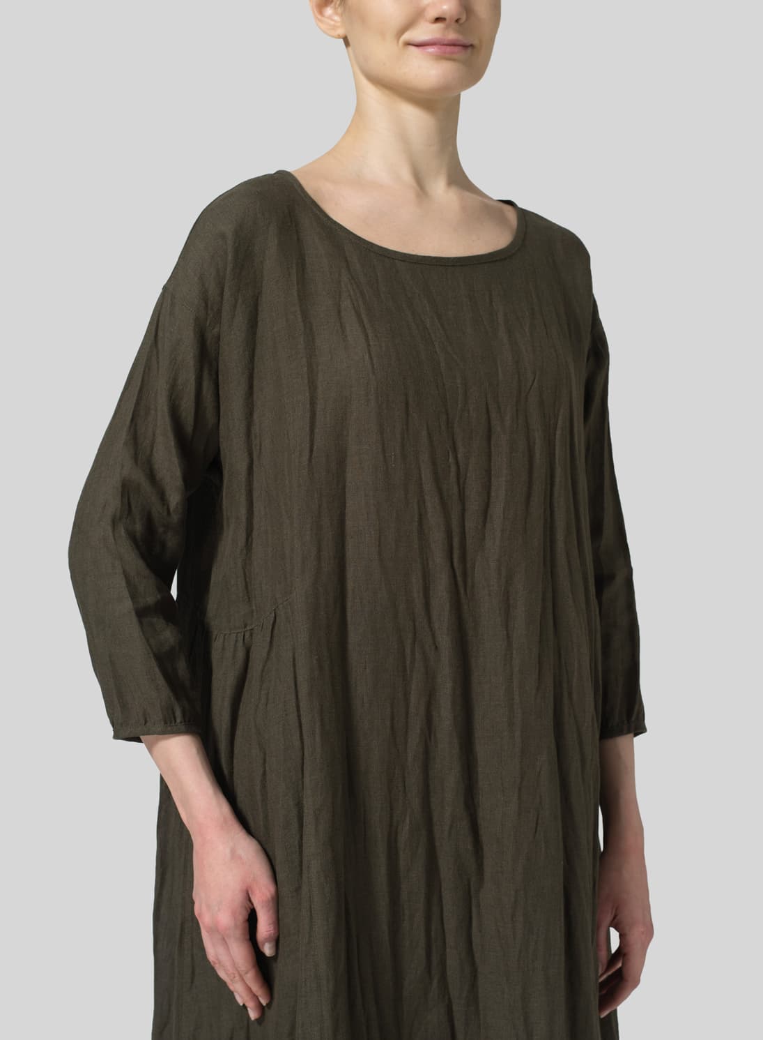 DARK OLIVE BROWN LINEN A LINE ROUND NECK DRESS