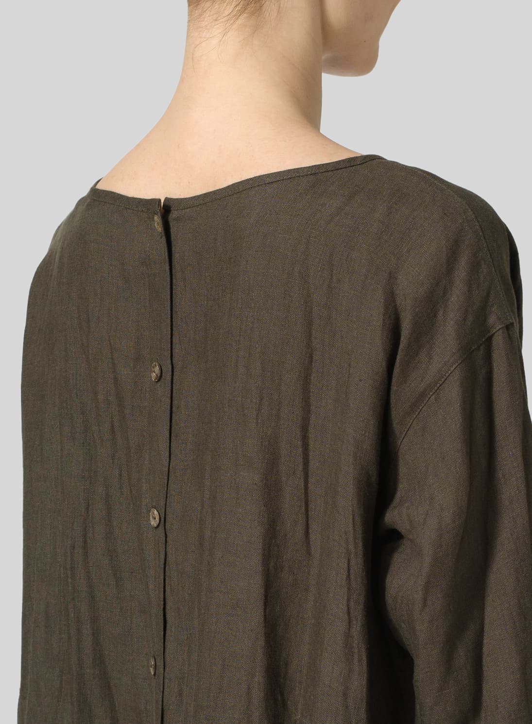 DARK OLIVE BROWN LINEN A LINE ROUND NECK DRESS
