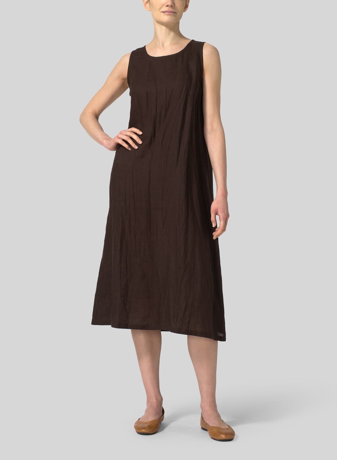 SEPIA LINEN SLEEVELESS DRESS