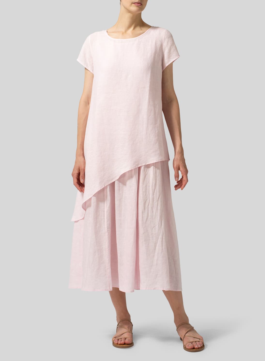 PINK LINEN DOUBLE LAYERS FLOWY LONG DRESS