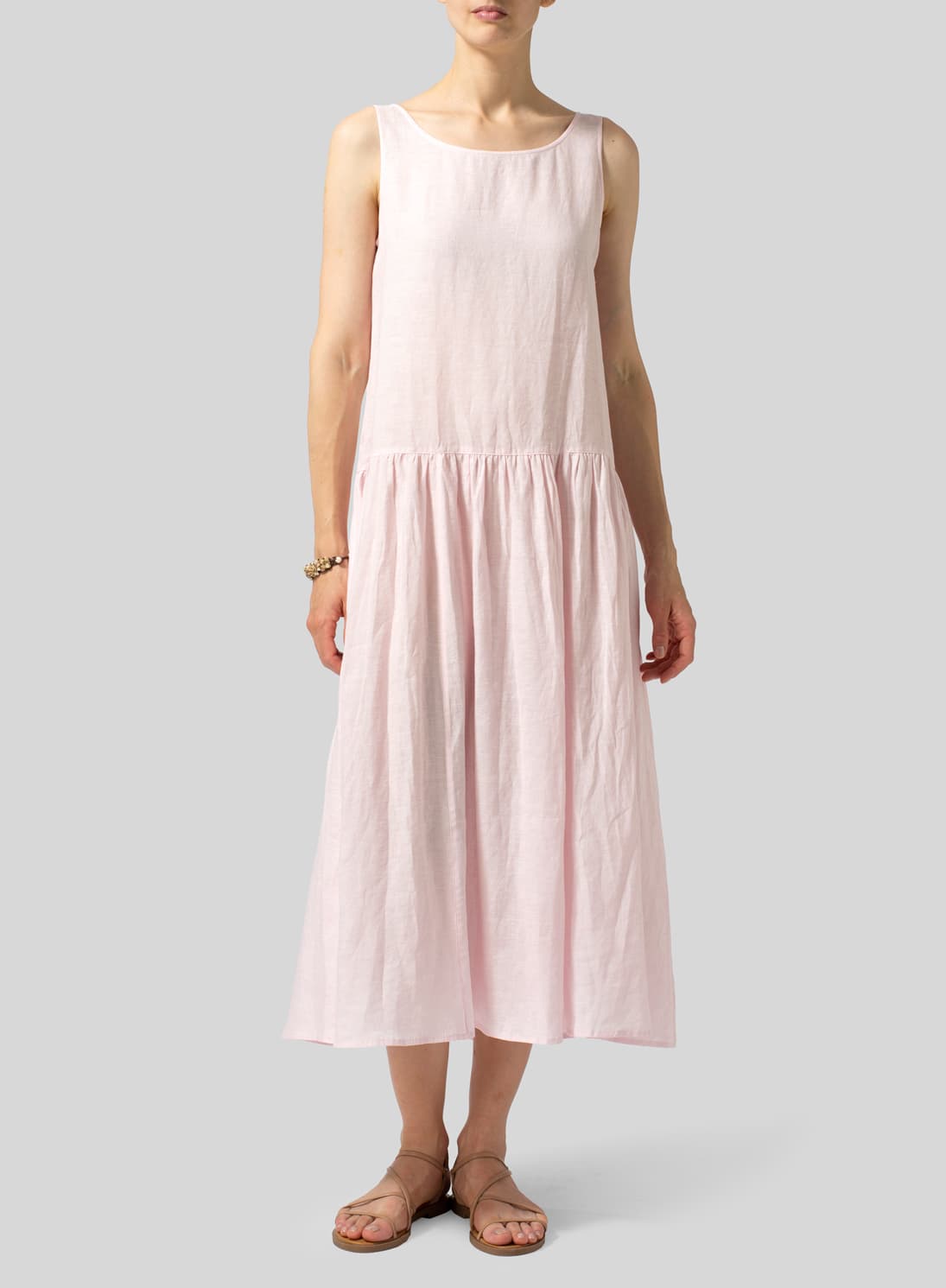 PINK LINEN DOUBLE LAYERS FLOWY LONG DRESS